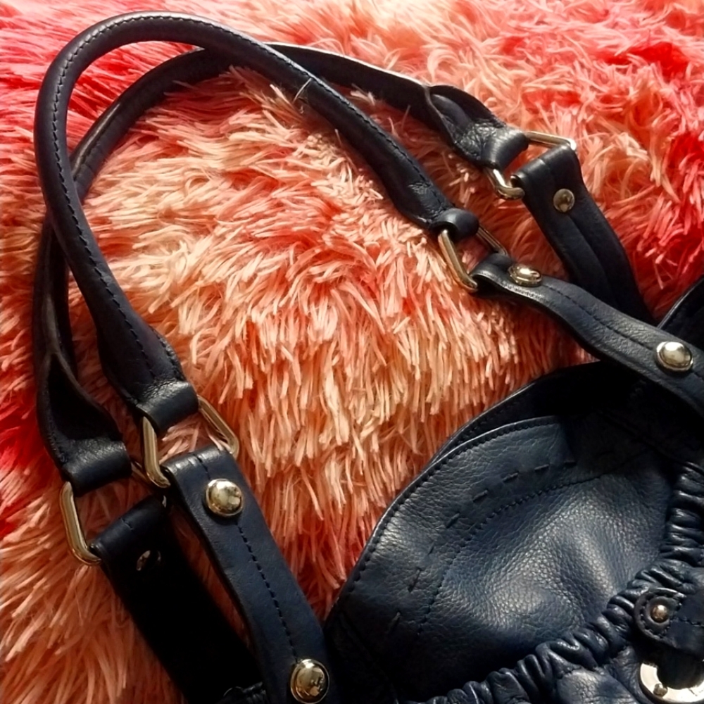 B Makowski Vintage Hobo Cinched Bucket Large Shoulder Bag Navy Calf Leather - Picture 4 of 7